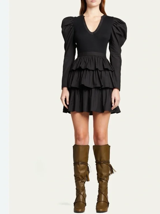 Ulla Johnson Black Puff-Sleeve Tiered Ruffle Mini Dress - Picture 3 of 3